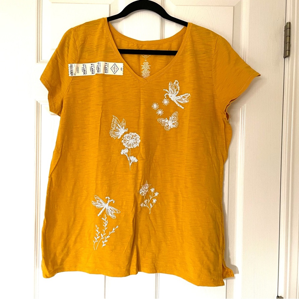 St. John’s Bay Mustard Yellow V-Neck Top Embroidery & Sequins